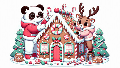 Cute happy panda and deer decorating a huge gingerbread house, festive Christmas illustration on white background, created using Ai generative tools. 