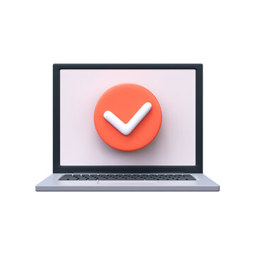 3D Approval or Successful Completion Sign. Round red check mark on laptop screen.