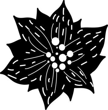 Doodle silhouette of poinsettia flower, element of winter festival decoration. Poinsettia blossom. Simple black shape freehand vector icon isolated on white background