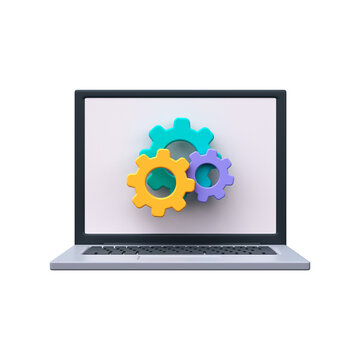 3D Laptop icon and gear. Laptop update process and system settings