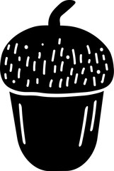 Doodle silhouette of Acorn nut with cap, element of winter festival decoration. Acorn nut, winter forest animal food. Simple black shape freehand vector icon isolated on white background