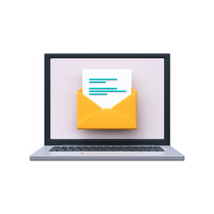 Envelope with a document on a laptop screen. Email concept, 3d render