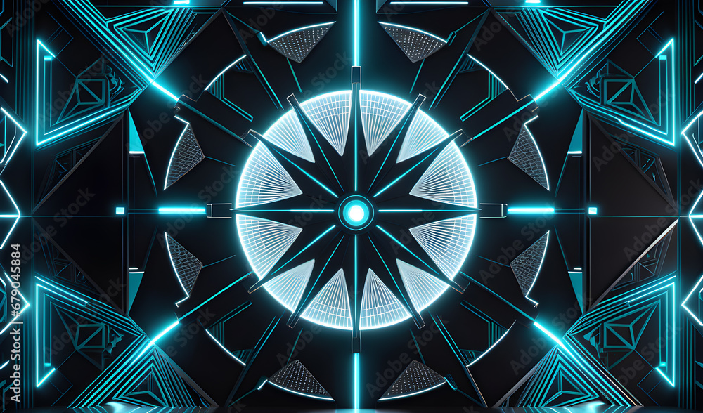 Poster 3d illustration of abstract geometric background with luminous triangles and glowing compass