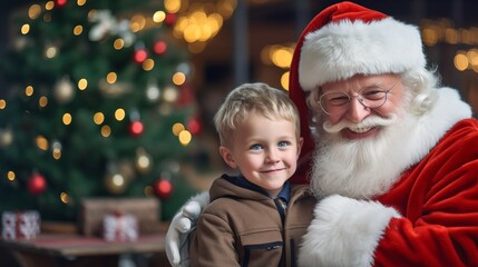 Fototapeta na wymiar a little boy standing next to a santa clause