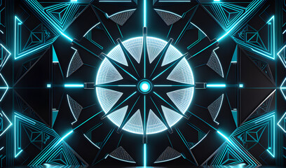 3d illustration of abstract geometric background with luminous triangles and glowing compass