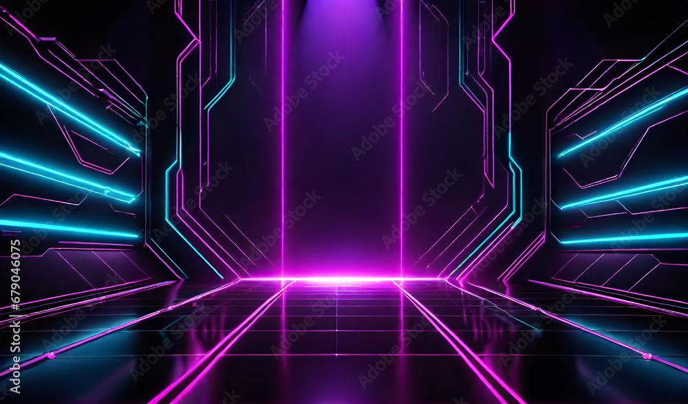 Poster abstract dark futuristic background with neon lights. 3d rendering mock up