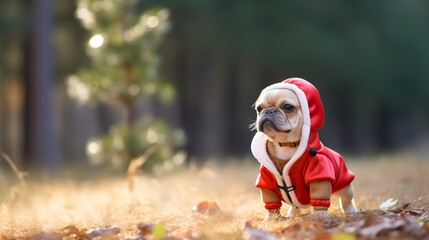 Obraz premium a small dog dressed in a red and white Christmas outfit