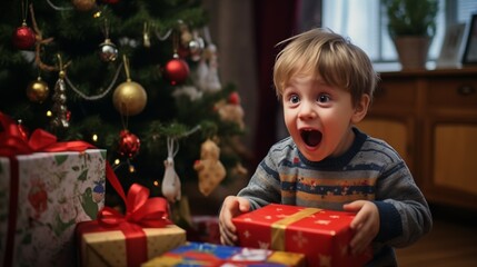 Fototapeta na wymiar a kid with surprise expression opening a gift box in front of a Christmas tree