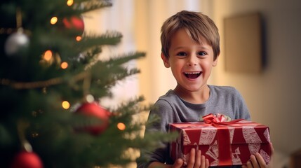 Fototapeta na wymiar a young boy holding a present near a Christmas tree
