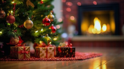 presents under a christmas tree with a fireplace in the background