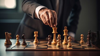 Businessman moving chess piece on chess board game , generated by AI