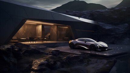 The futuristic house in a rocky area with a car. - obrazy, fototapety, plakaty