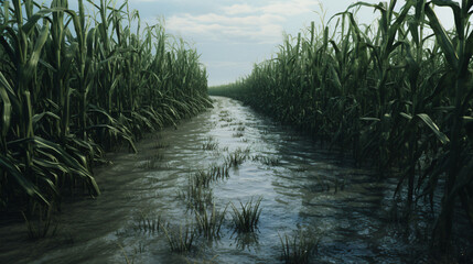 Flooded corn plant field