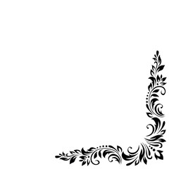 Abstract pattern, decorative element, clip art with stylized leaves, flowers and curls in black lines on white background. Corner vintage ornament, border, frame