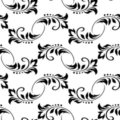 Vintage seamless plant pattern of black stylized leaves, flowers and curls on white background. Retro style. Vector backdrop, texture for victorian wallpapers, wrapping paper, fabric