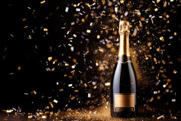 bottle of champagne with confetti on black background. Celebration and new year concept