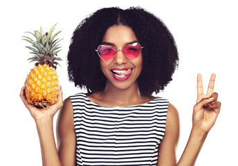 Happy portrait, peace sign and woman with pineapple, heart sunglasses and fruit for diet, health...