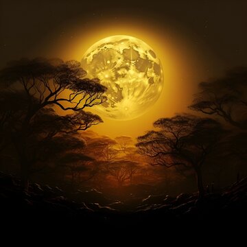 A captivating stock photo capturing the serenity of a yellow moon risen on Full Moon Poya Day, illuminating a beautiful evening in nature. A calming scene to soothe the mind.