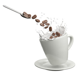 Roasted Coffee beans with white milk splashing form a white cup 3d illustration.