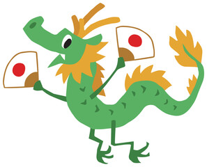 手描きのゆるい辰キャラクター(年賀、干支、扇子、日の丸)