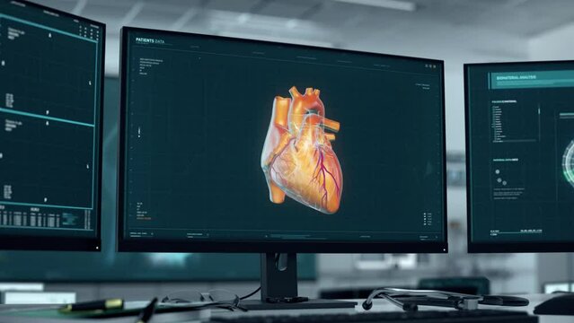 Futuristic Medical Monitoring Computer Diagnosing Cardiac Ischemia By Heart Scan. Medical Software For Organ Monitoring. Medical Examination Finds Disease. Diagnostic Organ Monitoring