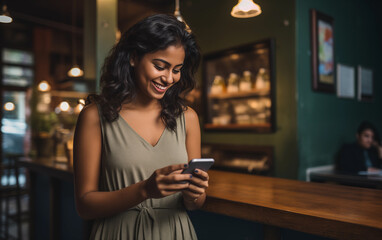 Indian Woman Using Smartphone for Coffee Shop Payment - obrazy, fototapety, plakaty