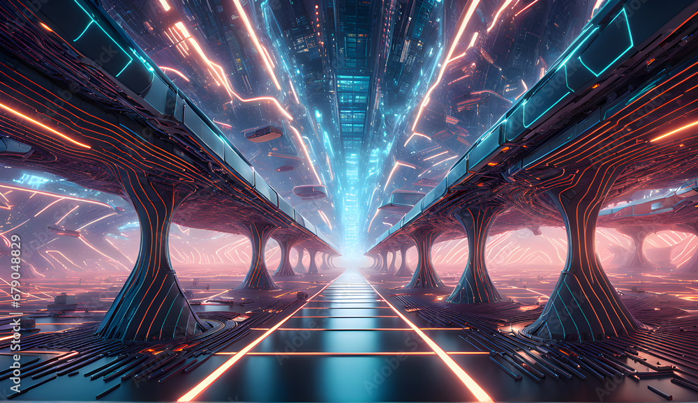 Poster futuristic spaceship corridor with glowing lights, 3d rendering toned image