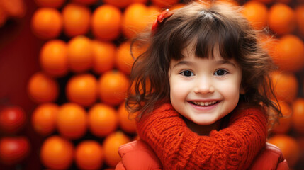 Fototapeta na wymiar smiling Chinese girl on oranges background, lunar spring festival
