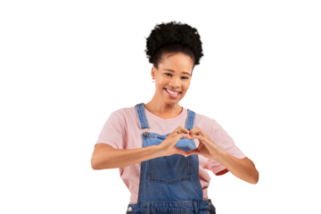 Portrait, like and heart hands for love with a black woman isolated on a transparent background. Smile, emoji or social media with a happy young person on PNG for reaction to a status or post