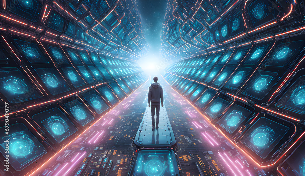 Aufkleber futuristic corridor with glowing lights and man in front 3d rendering