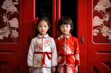 smiling Chinese kids with Chinese new year traditional clothing, lunar spring festival