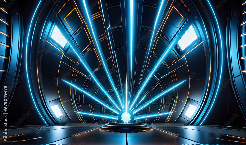 Poster futuristic blue tunnel with glowing lights 3d rendering mock up