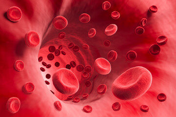 Red Blood Cell in an artery, Blood Flow, medical human health-care Concept Background, 3d rendering.