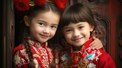 Smiling kids with Chinese new year traditional clothing, lunar spring festival