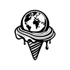 Simple Vector illustration of a ice cream dessert, vanilla cone with planet and earth as topping black white handdrawn