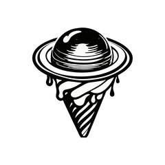 Simple Vector illustration of a ice cream dessert, vanilla cone with planet and earth as topping black white handdrawn