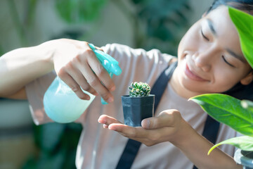 Close up of woman's hand and cactus black potted with blurred woman using a green spray bottle...