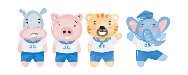 watercolor hand drawn illustration little hippo, elephant, pig, tiger sailor costume. Animal pirates.Captain. Childish illustration book