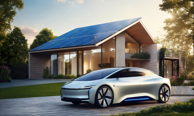 Electric futuristic car parked with charging station in a modern ecological eco house with solar green power panels, smart home technology. Renewable energy concept. future technologie. Generative ai