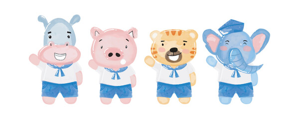 watercolor hand drawn illustration little hippo, elephant, pig, tiger sailor costume. Animal pirates.Captain. Childish illustration book