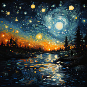 Kunstwerk - Nacht mit Mondschein mit &Ouml;l gemalt