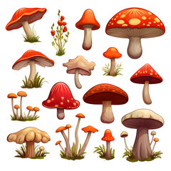 Colourful set of cartoon mushrooms. Ideal for 2d game design, or print pattern