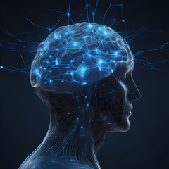 Obraz premium Futuristic AI Brain: Luminous Blue Neural Connections and Glowing Dots