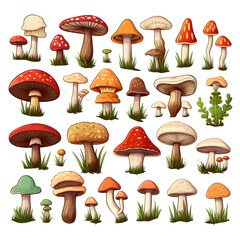 Colourful set of cartoon mushrooms. Ideal for 2d game design, or print pattern