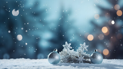 Fototapeta na wymiar Background with Christmas snowy tree and Christmas toys snow, Winter banner concept with copy space