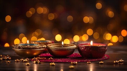Experience the warmth and radiance of Diwali with these captivating images of beautifully lit diyas adorning a tabletop.