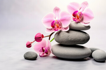 Fototapeta na wymiar Beautiful orchids and stones for spa treatments and relaxation