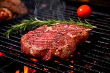 Appetizing steak with spices on the grill - obrazy, fototapety, plakaty