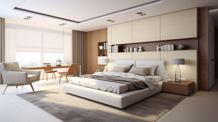 Fototapeta na wymiar Interior design Big modern Bedroom. Stylish room interior with big comfortable bed. generative ai