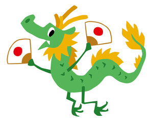 手描きのゆるい辰キャラクター(年賀、干支、扇子、日の丸)